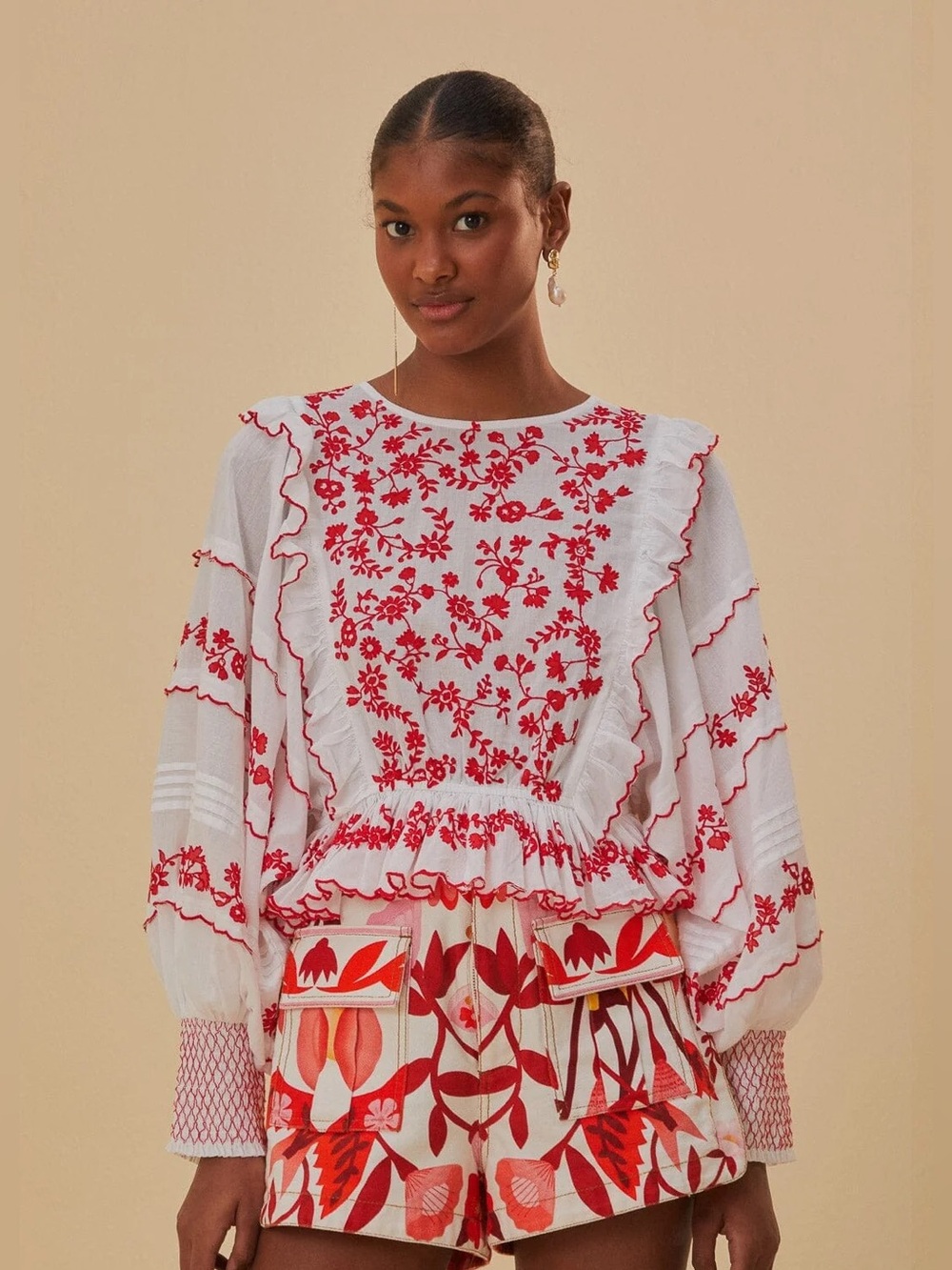 Farm Rio Off White and Red Embroidered Long Sleeve Blouse